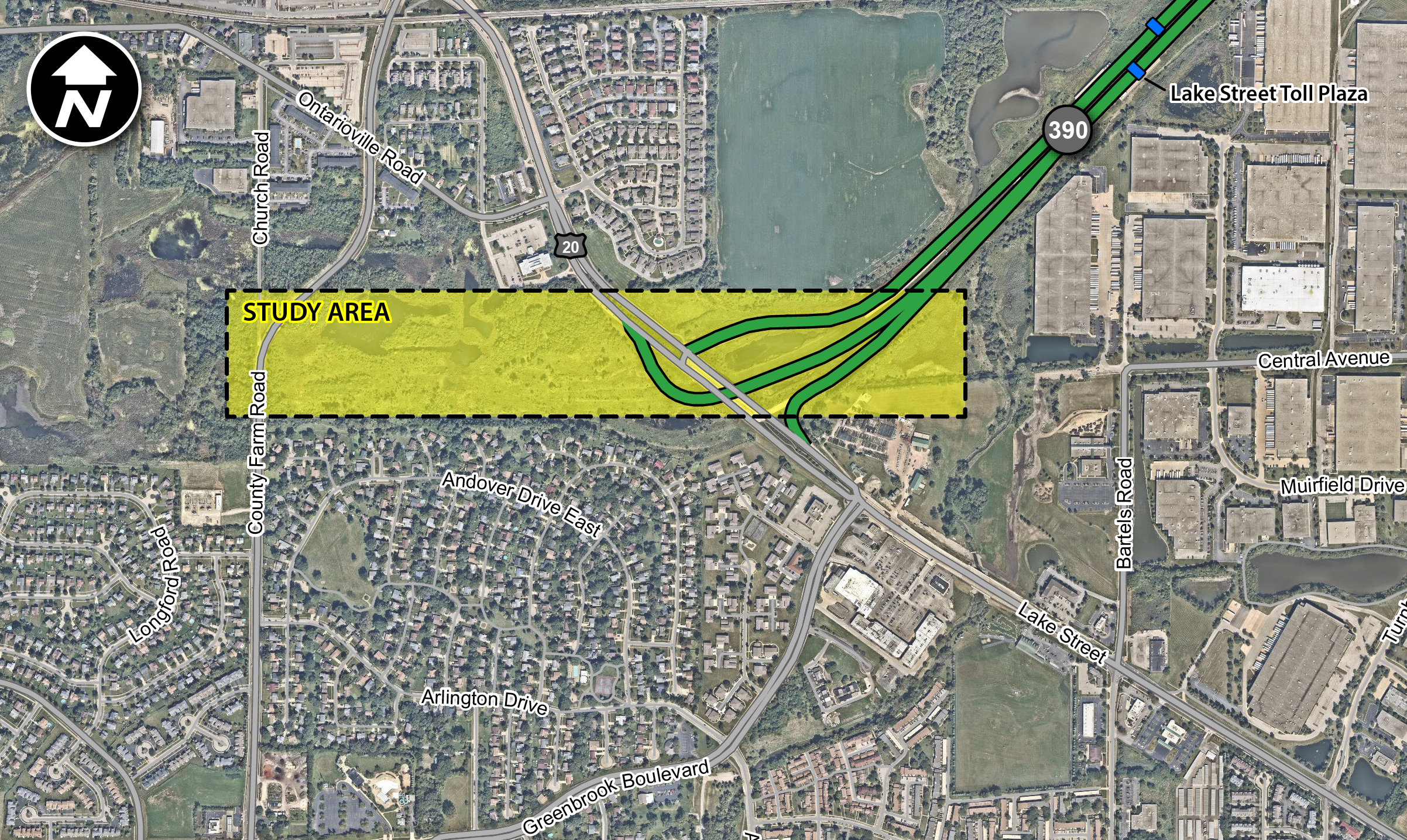 An overhead map detailing the study area for the Route 20 interchange study Opens in new window